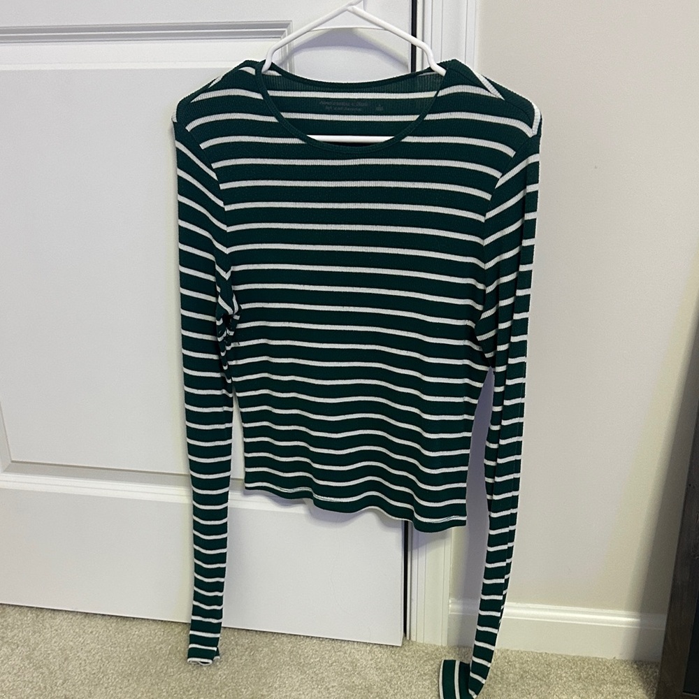Abercrombie & Fitch Dark Green and White Striped Long Sleeve Top